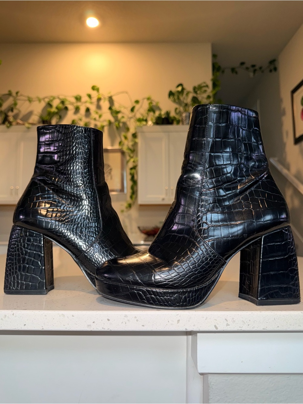 ASOS Black Croc-Embossed Block Heel Ankle Boots